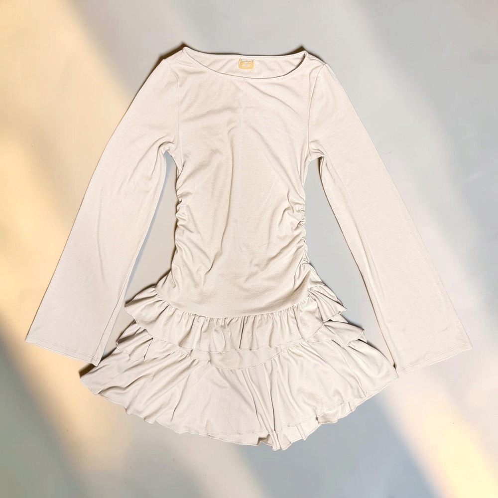 Free People Mini Dress Ruched Ruffle Beige Small Boho Y2K Streetwear